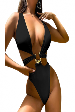 Costume de baie dama - Costum de baie dama elegant model tip body, model cu prindere in forma de U, slip cu talie inalta, decolteu in V, Tessero, marime M INTL, negru