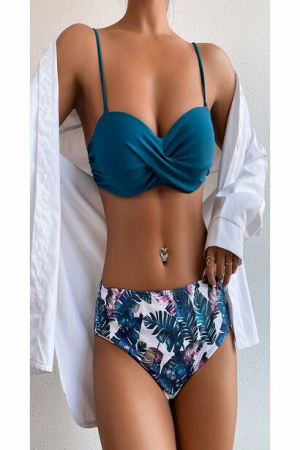 Costum de baie dama format din 2 piese, model tropical, sutien cu burete si slip brazilian, Tessero, marime M INTL, verde [3]