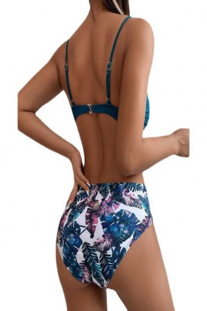 Costume de baie dama - Costum de baie dama format din 2 piese, model tropical, sutien cu burete si slip brazilian, Tessero, marime M INTL, verde