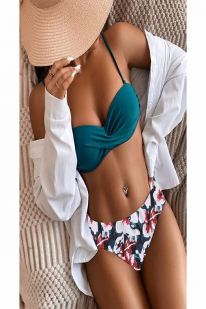 Costum de baie dama format din 2 piese, model tropical, sutien cu burete si slip brazilian, Tessero, marime M INTL, verde [1]