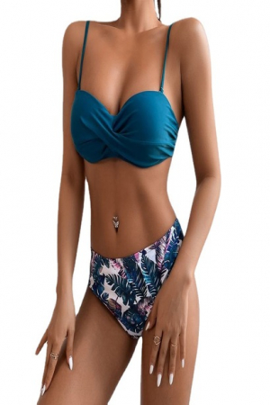 Costume de baie dama - Costum de baie dama format din 2 piese, model tropical, sutien cu burete si slip brazilian, Tessero, marime S INTL, verde