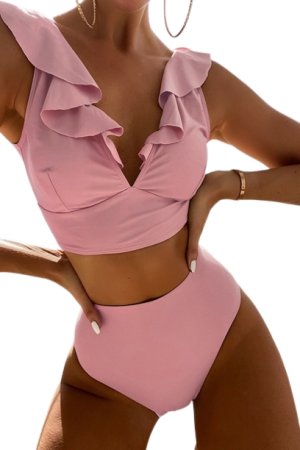 Costume de baie dama - Costum de baie dama, format din 2 piese, sutien cu volane, slip brazilian, Tessero, inchidere snur, marime S INTL, roz