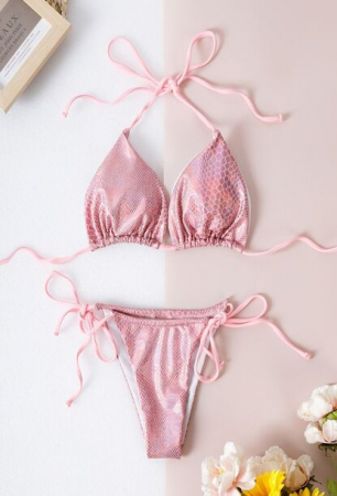 Costume de baie dama - Costum de baie dama format din doua piese, model cu imitatie de solzi de sirena,, slip brazilian, Tessero, marime M INTL, roz