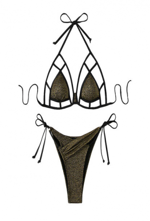 Costum de baie dama, format din doua piese, model cu slipici discret, sutien cu push-up, prindere cu snur, Tessero, marime L INTL, negru [2]