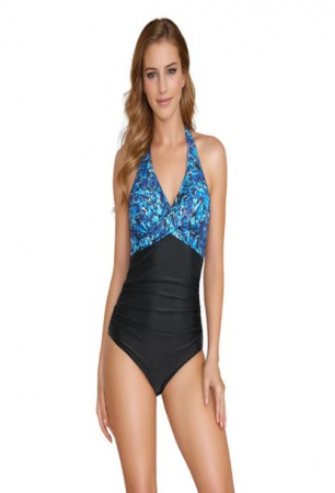 Costume de baie dama - Costum de baie dama intreg tip body, o piesa, modelator, Tessero, decolteu in forma de V, marime S INTL, negru si albastru