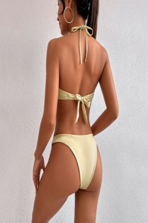 Costum de baie dama, model cu inele metalice, slip brazilian, 2 piese, Tessero, marime M INTL, bej [2]