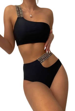 Costum de baie dama, model tip bustiera cu o singura bareta cu cusatura aurie, inchidere snur, slip brazilian, 2 piese, Tessero, marime S INTL, negru [3]