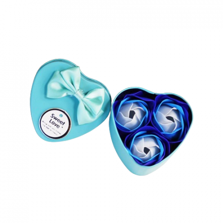 Aranjamente florale - Cutie metalica in forma de inimioara cu 3 trandafiri, Tessero, albastru