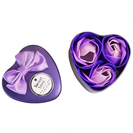 Aranjamente florale - Cutie metalica in forma de inimioara cu 3 trandafiri, Tessero, mov