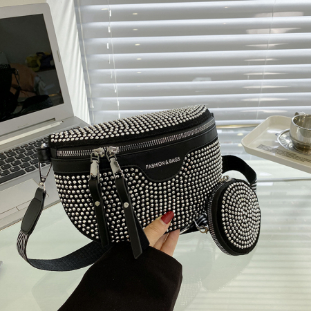 Geanta de dama cu maner reglabil din piele ecologica, model tip borseta cu strasuri, compartiment separat pentru monede, Tessero, dimensiune 23x15x8 cm, negru [3]