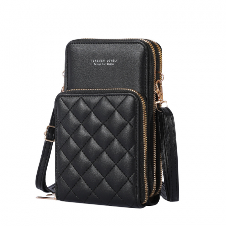Genti dama - Geanta de dama pentru telefon din piele ecologica, model pentru umar, compartimente multiple, cusatura in forma de romburi, dimensiune 18x11.5x6 cm, Tessero, negru