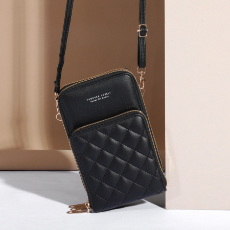 Geanta de dama pentru telefon din piele ecologica, model pentru umar, compartimente multiple, cusatura in forma de romburi, dimensiune 18x11.5x6 cm, Tessero, negru [1]