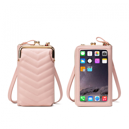 Geanta de dama pentru telefon din piele ecologica, model pentru umar, compartimente multiple, model cu cusatura, spate transparent tactil, dimensiune 18x11x5 cm, Tessero, roz [3]