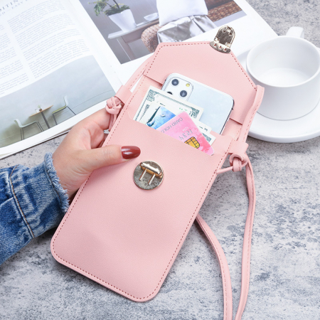 Geanta de dama pentru telefon din piele ecologica, model pentru umar, spate transparent tactil, catarama cu siguranta, dimensiune 20x12x0.5 cm, Tessero, roz [2]