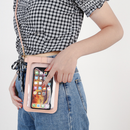 Genti dama - Geanta de dama pentru telefon din piele ecologica, model pentru umar, spate transparent tactil, catarama cu siguranta, dimensiune 20x12x0.5 cm, Tessero, roz