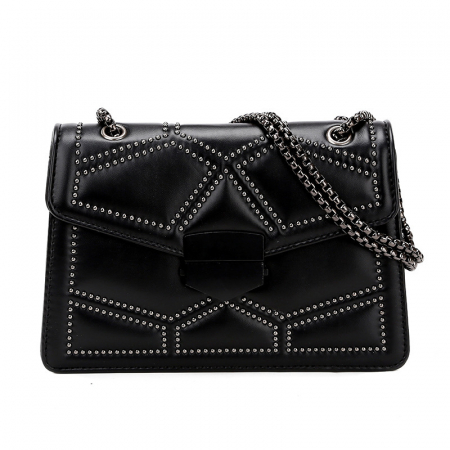 Genti dama - Geanta de dama pentru umar, bareta din lant, model din piele ecologic cu tinte, Tessero, dimensiune dreptunghiulara 22x23.5x9.5 cm, negru