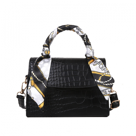 Geanta de dama pentru umar / mana din piele ecologica model piele sarpe, esarfa matase, Tessero, dimensiune 18x17x7.5 cm, negru [2]