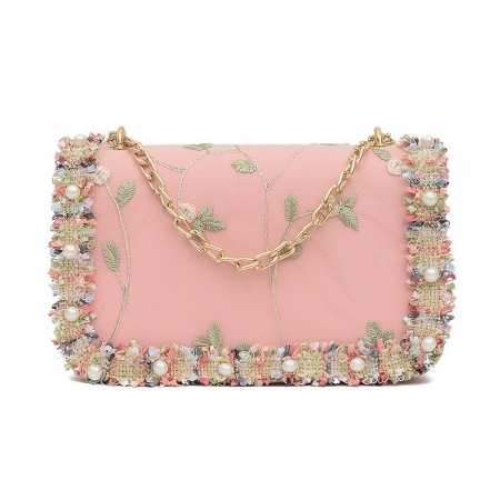 Geanta de dama pentru umar, model cu accesorii florale, piele ecologica, bareta metalica reglabila, Tessero, dimensiune 20x13x7.5 cm, roz [3]
