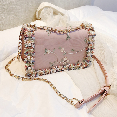 Geanta de dama pentru umar, model cu accesorii florale, piele ecologica, bareta metalica reglabila, Tessero, dimensiune 20x13x7.5 cm, roz [2]