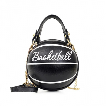 Genti dama - Geanta de dama pentru umar, model in forma de minge de basketball, piele ecologica, negru, dimensiune 16x16 cm, Tessero