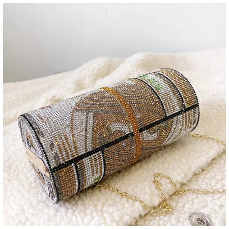 Geanta de dama pentru umar tip clutch, in forma de cilindru cu strasuri, model cu bancnota dolar, maner umar, Tessero, auriu [3]