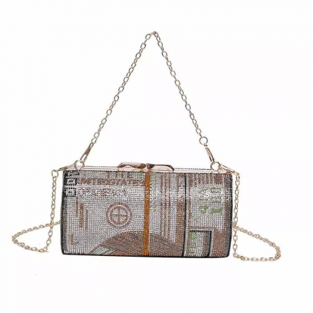 Genti dama - Geanta de dama pentru umar tip clutch, in forma de cilindru cu strasuri, model cu bancnota dolar, maner umar, Tessero, auriu