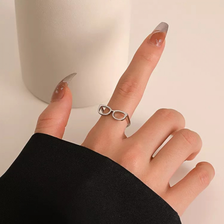 Inel de dama creativ in forma de ochelari de vedere, marime reglabila, placat cu aur 18K, Tessero, argintiu [2]