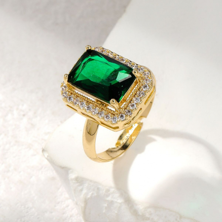 Inel de dama, model cu cristal verde cu efect de Sapphire, pietre zirconiu, placat cu aur 18k, marime reglabila, Tessero, auriu [3]