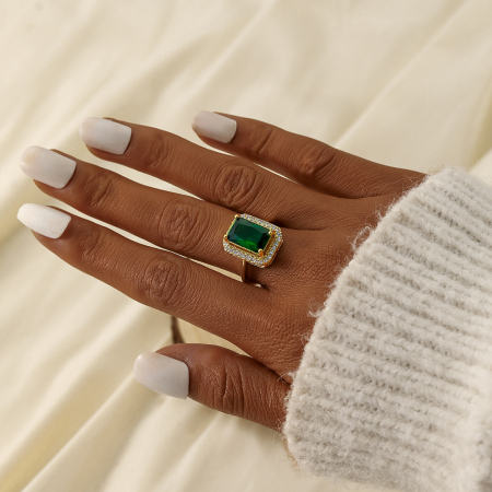 Inel de dama, model cu cristal verde cu efect de Sapphire, pietre zirconiu, placat cu aur 18k, marime reglabila, Tessero, auriu [1]