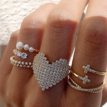 Inel de dama, model inima din pixel, marime reglabila, pietre zirconiu, placat cu aur 18K [1]