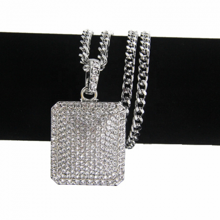 Bijuterii barbati - Lant cu pandantiv placuta, iced out, pietre zirconiu, placat cu aur 18K, argintiu
