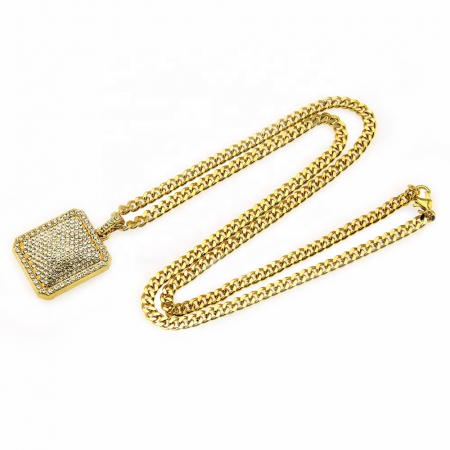Lant cu pandantiv placuta, iced out, pietre zirconiu, placat cu aur 18K, auriu [2]