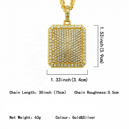 Lant cu pandantiv placuta, iced out, pietre zirconiu, placat cu aur 18K, auriu [1]