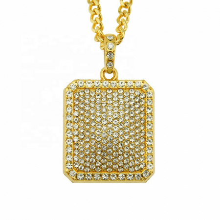 Bijuterii barbati - Lant cu pandantiv placuta, iced out, pietre zirconiu, placat cu aur 18K, auriu