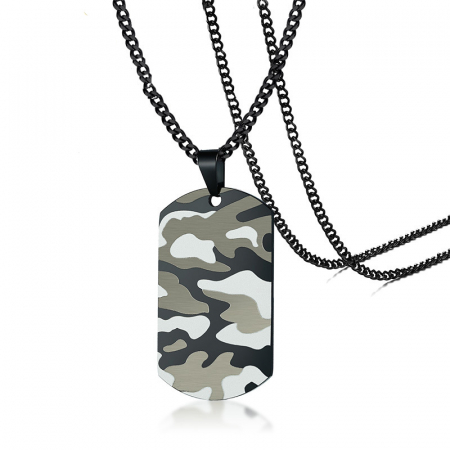 Bijuterii barbati - Lant cu pandantiv placuta identificare nume army, dog tag, otel inoxidabil, model camuflaj