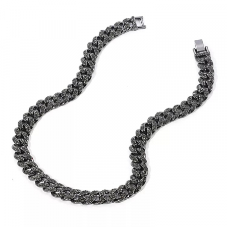 Bijuterii barbati - Lant Cuban Chain baza gatului, decorat cu pietre zirconiu negru, inchidere clips, Tessero, 45 cm, negru