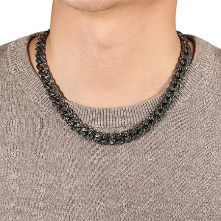 Lant Cuban Chain baza gatului, decorat cu pietre zirconiu negru, inchidere clips, Tessero, 45 cm, negru [3]