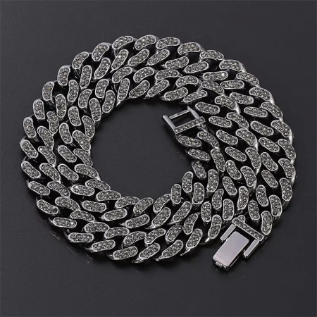 Lant Cuban Chain baza gatului, decorat cu pietre zirconiu negru, inchidere clips, Tessero, 45 cm, negru [2]