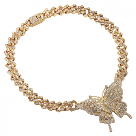 Bijuterii dama - Lant Cuban Chain Choker de dama cu pandantiv fluture, pietre din zirconiu, placat cu aur 18K, auriu