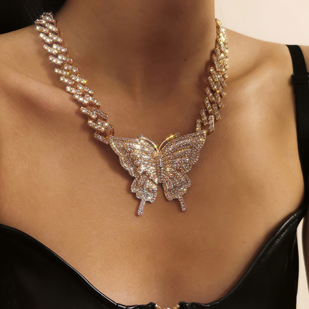 Lant Cuban Chain Choker de dama cu pandantiv fluture, pietre din zirconiu, placat cu aur 18K, auriu [2]