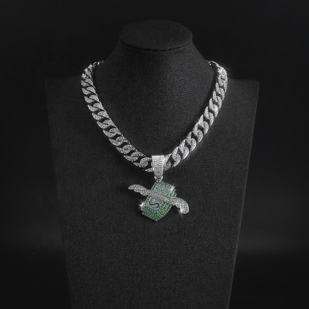 Lant Cuban Chain cu pandantiv in forma de dolar cu aripi, pietre zirconiu, placat cu aur 18K, lungime 45 cm, Tessero, argintiu [3]