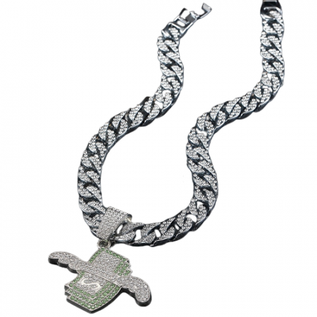Bijuterii barbati - Lant Cuban Chain cu pandantiv in forma de dolar cu aripi, pietre zirconiu, placat cu aur 18K, lungime 45 cm, Tessero, argintiu
