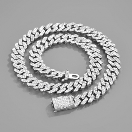 Lant Cuban Chain design cubic din otel inoxidabil, placat cu aur 18K, inchidere cu catarama, pietre zirconiu Tessero, argintiu [1]