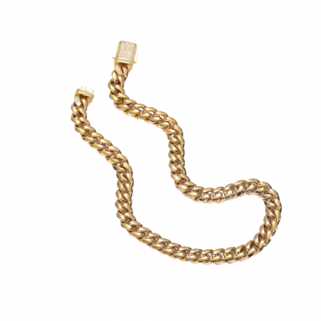 Bijuterii barbati - Lant Cuban Chain din otel inoxidabil, catarama cu inchidere tip buton cu pietre zirconiu, placat cu aur 18K, unisex, 45 cm, 12 mm, Tessero, auriu