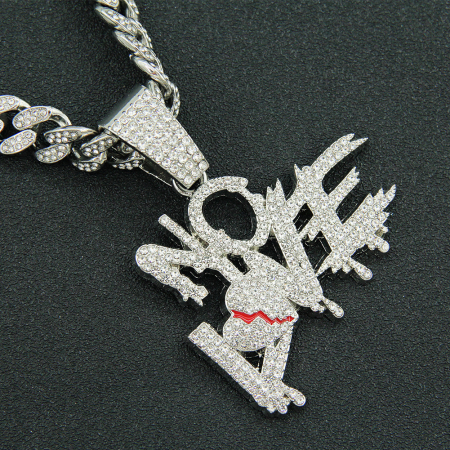 Lant Cuban Chain Iced Out cu pandantiv " No Love '', placat cu aur 18K, pietre zirconiu, inchidere tip catarama, Tessero, 50 cm, unisex, argintiu [2]