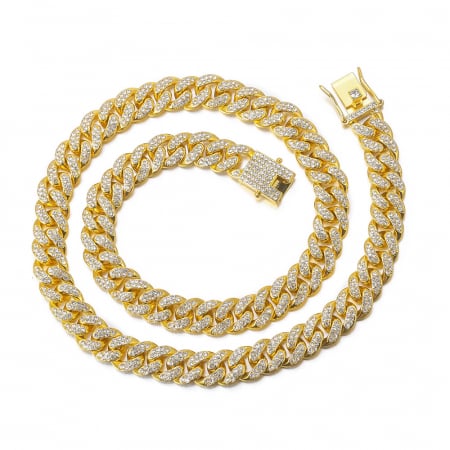 Bijuterii barbati - Lant Cuban Chain Link, placat cu aur 18K, insertii de zirconiu alb, 45 cm, auriu