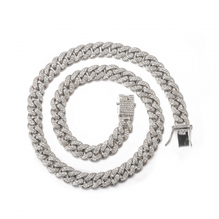 Bijuterii barbati - Lant Cuban Chain Link, placat cu aur 18K, insertii de zirconiu alb, 60 cm, argintiu