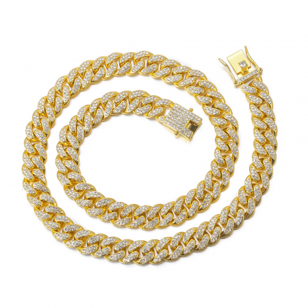 Bijuterii barbati - Lant Cuban Chain Link, placat cu aur 18K, insertii de zirconiu alb, 60 cm, auriu