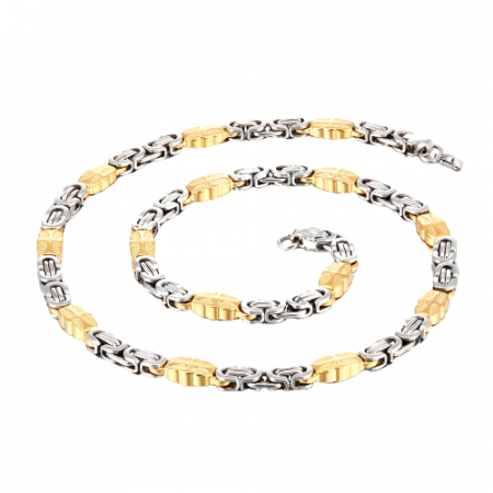 Bijuterii barbati - Lant de gat in doua culori, model Byzantine cu catarama plata, otel inoxidabil, placat cu aur 18K, 7mm, 55 cm, Tessero, argintiu si auriu