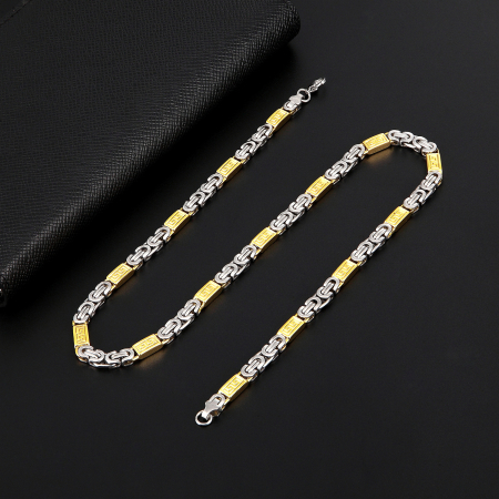 Lant de gat in doua culori, model Byzantine cu catarama plata, otel inoxidabil, placat cu aur 18K, 7mm, 55 cm, Tessero, argintiu si auriu [1]